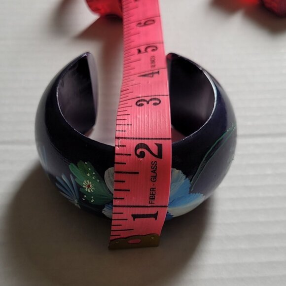 Blue flower bracelet wood cuff Hawaiian hand painted boho floral jewelry beach - Picture 7 of 10